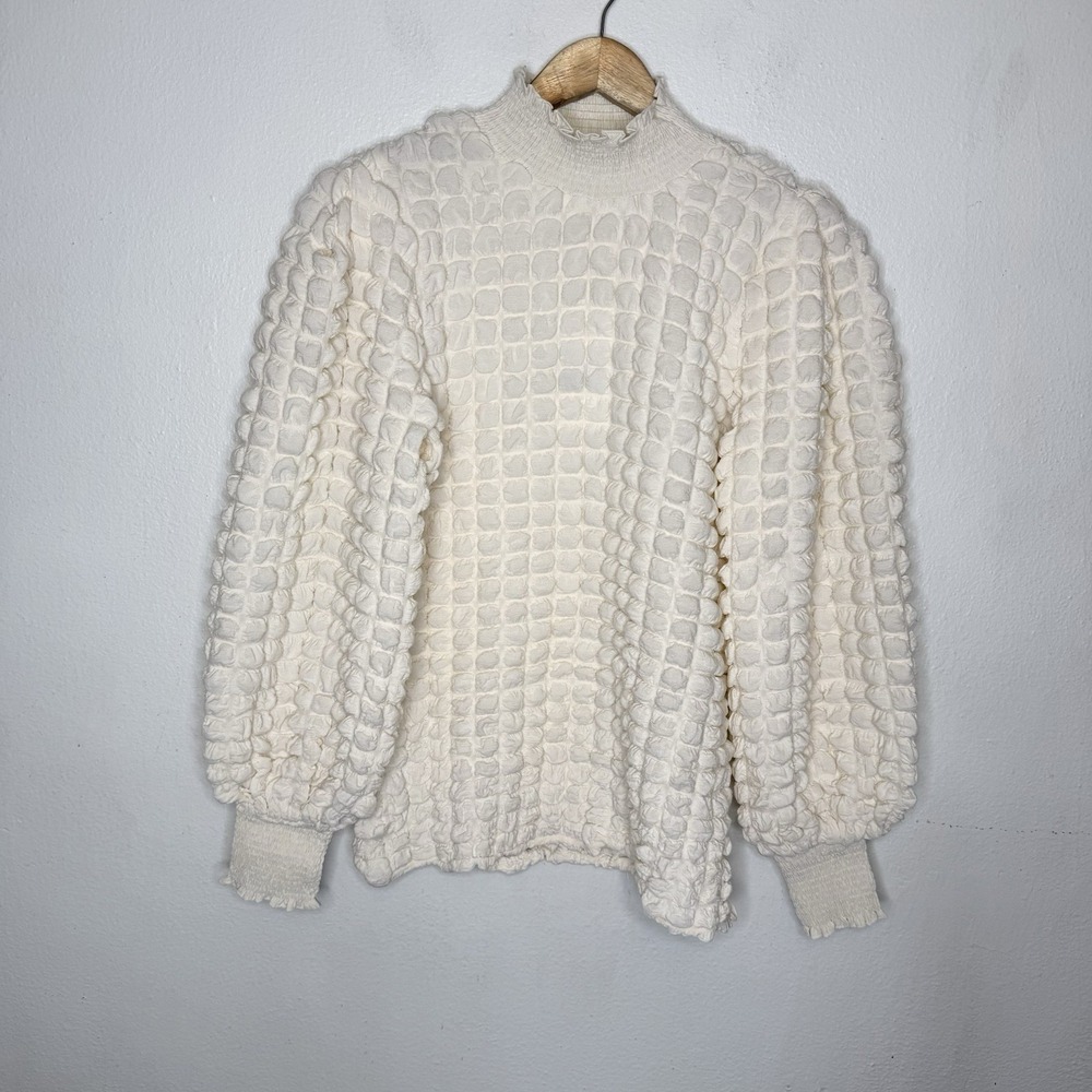 New Endless Rose Ivory Bubble Textured Smock Mock Neck Blouse Womens XS‎
